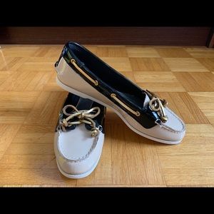 Sperry Top Sider Boat Shoe Flat Beige Black Gold 6
